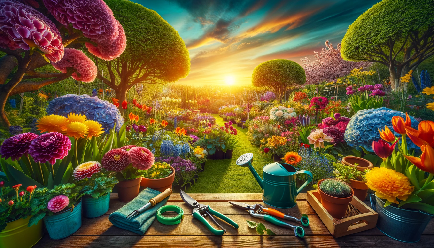 Vibrant garden with colorful flowers and gardening tools.