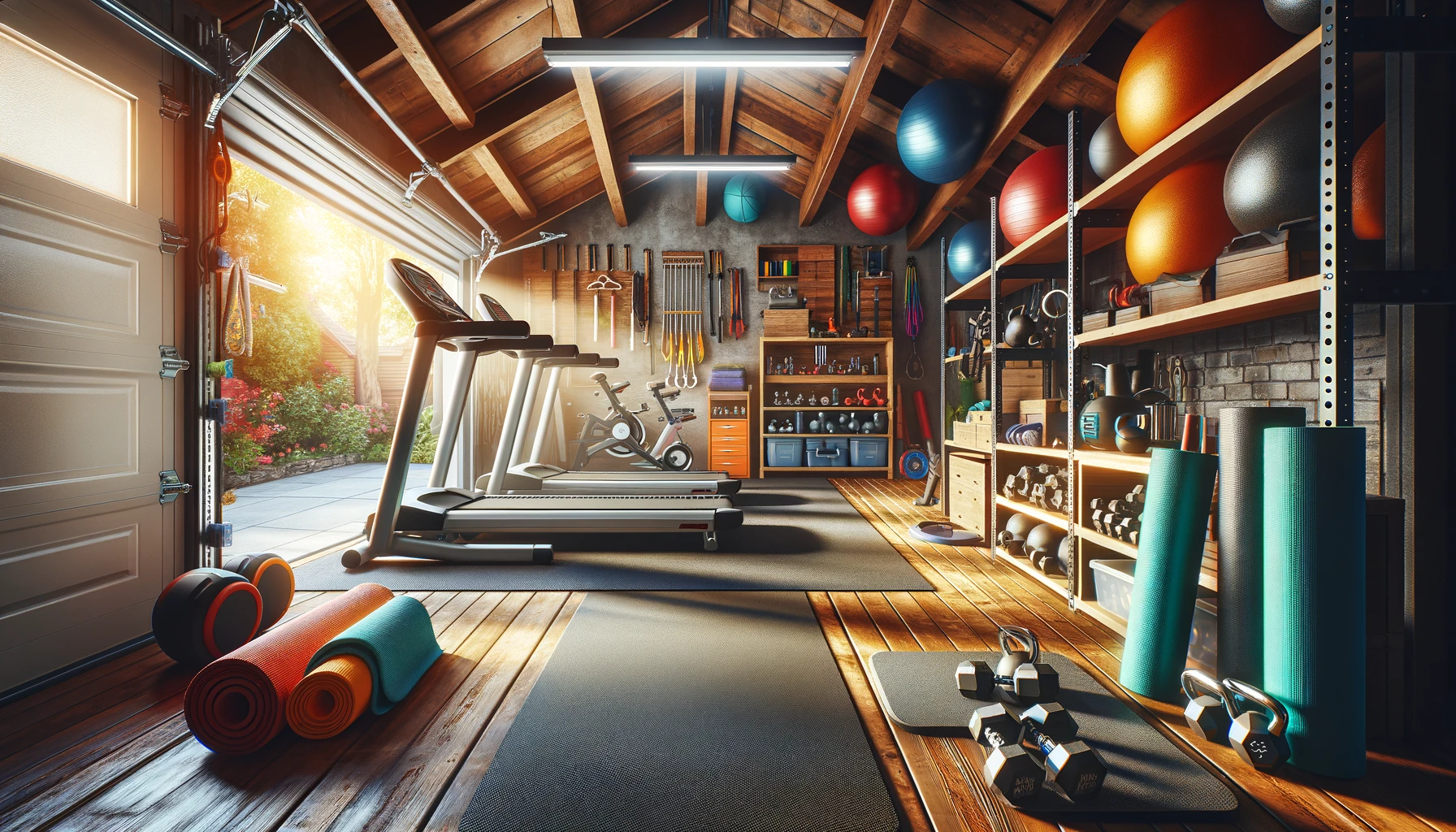 Well-equipped home garage gym with sunlight streaming in.