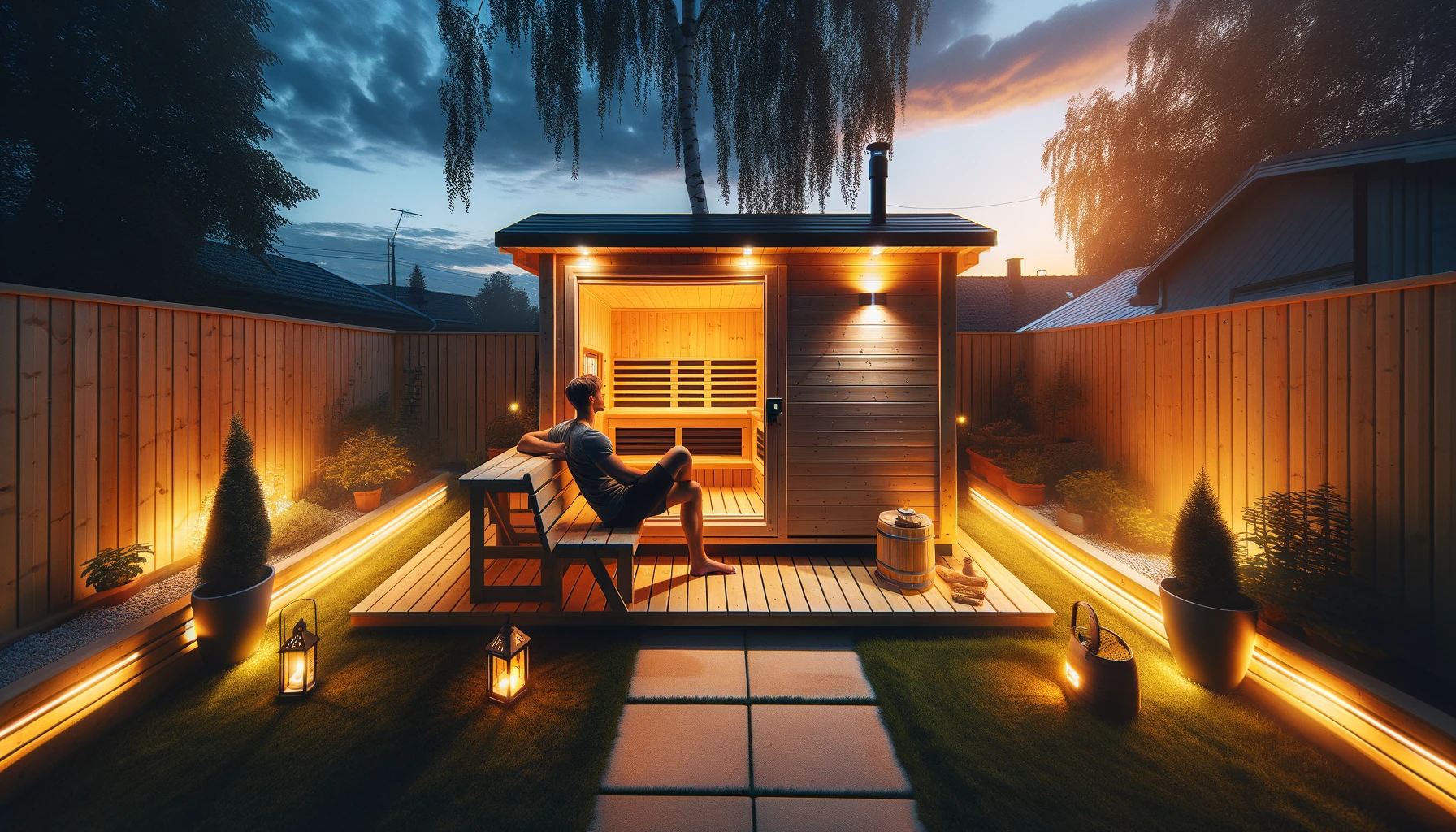 Person relaxing in backyard sauna at twilight