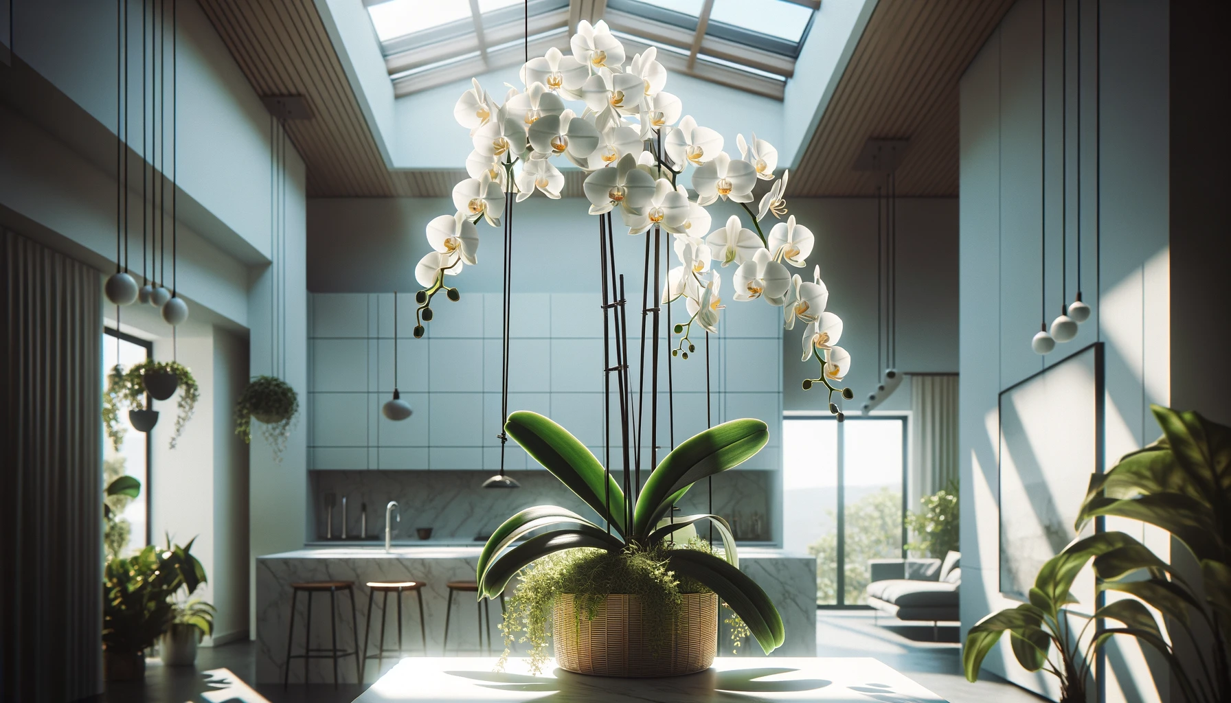 Elegant interior with white orchids and modern kitchen.