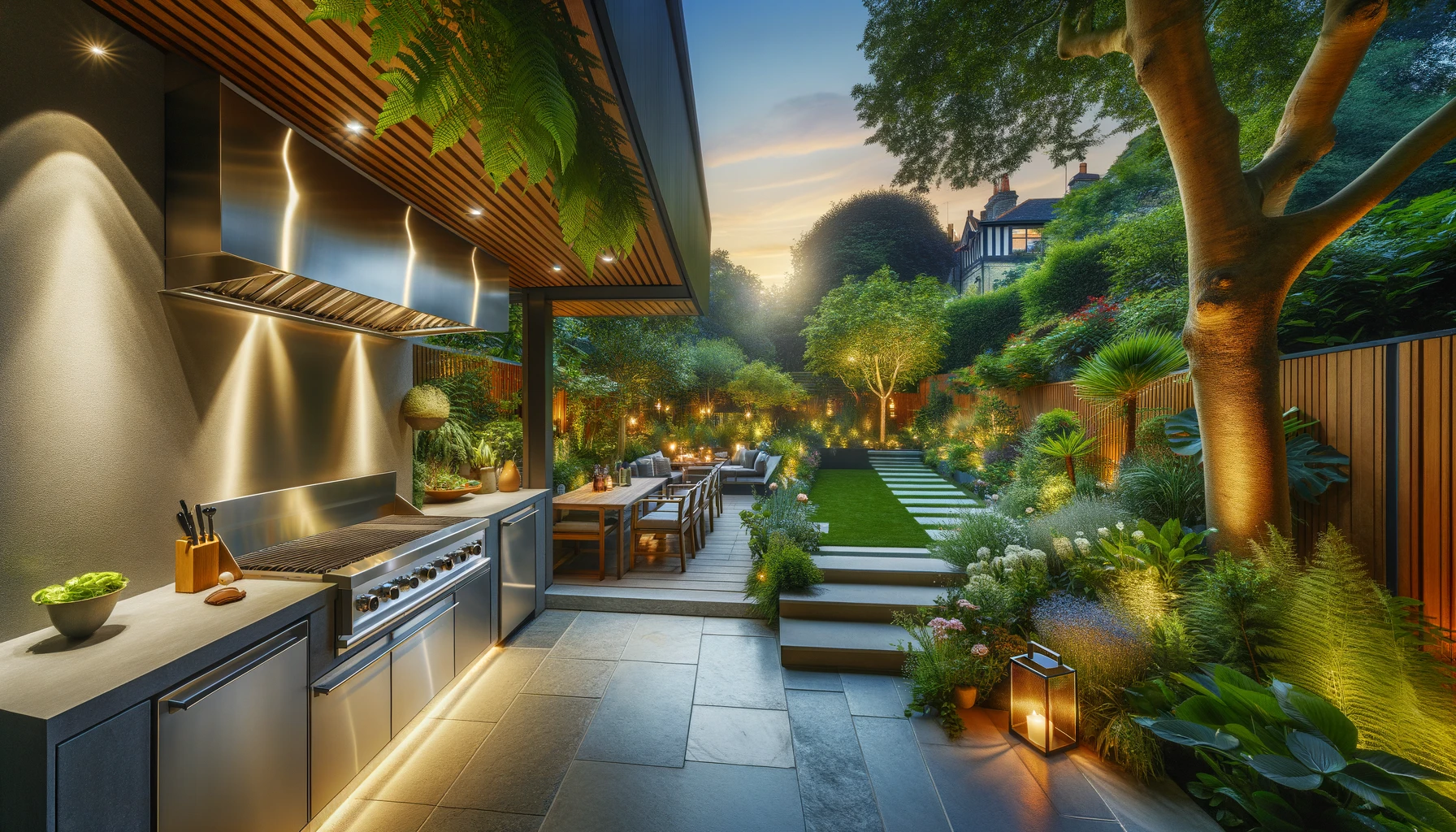 Illuminated outdoor kitchen and garden at dusk.