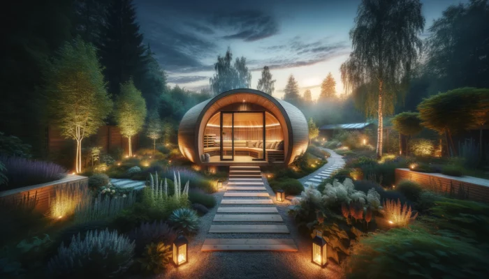 Modern eco-friendly pod house amidst enchanting woodland garden.