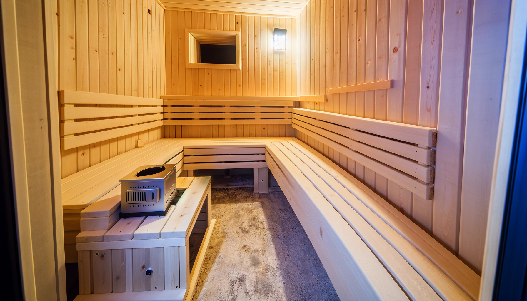 Interior of modern wooden sauna cabin.