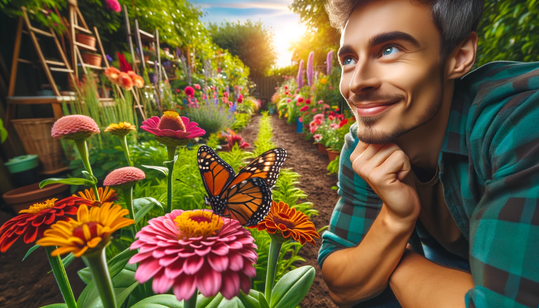 Man admiring butterfly in vibrant garden at sunset.