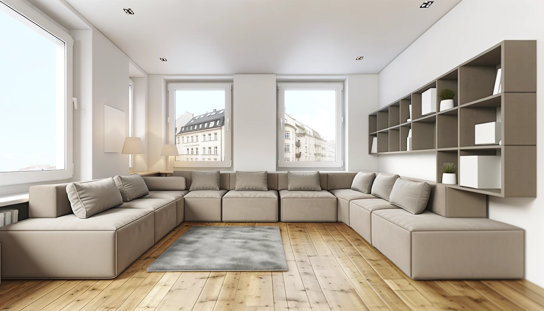 Modern living room with sectional sofa and shelving.