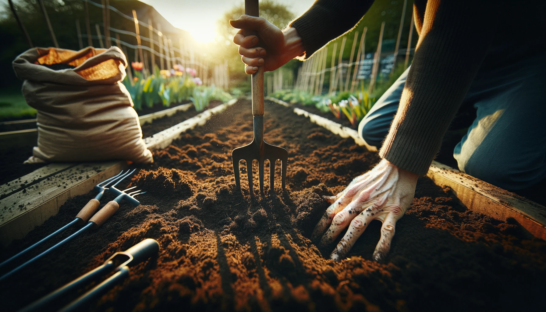Gardening, planting with tools and gloves in sunlight.