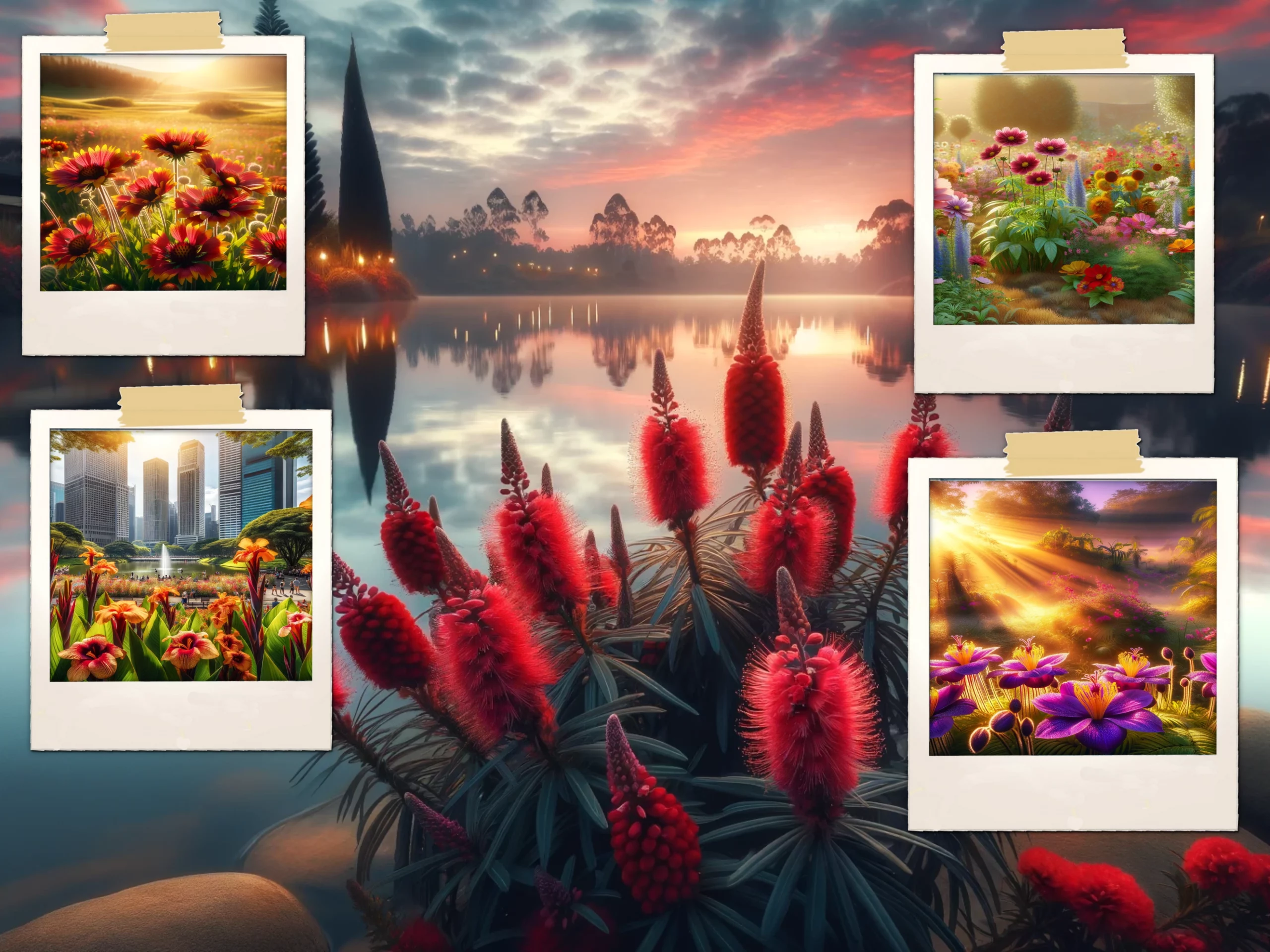 Scenic nature and cityscape collage with vibrant flowers.
