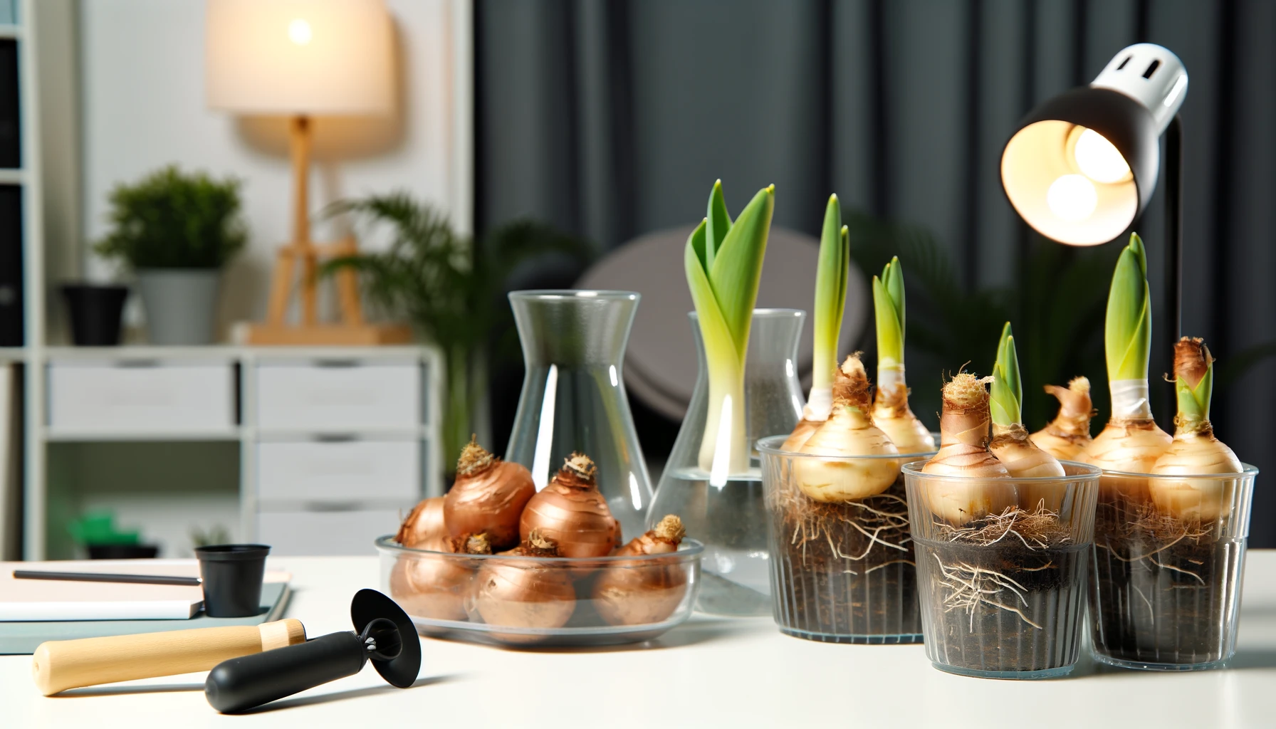 Indoor gardening with sprouting bulbs and modern decor.