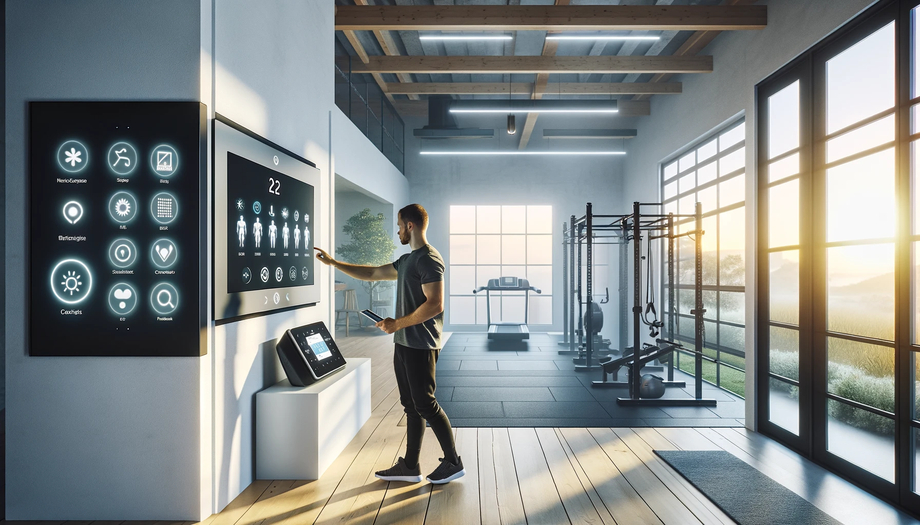 Man interacting with smart home gym interface.