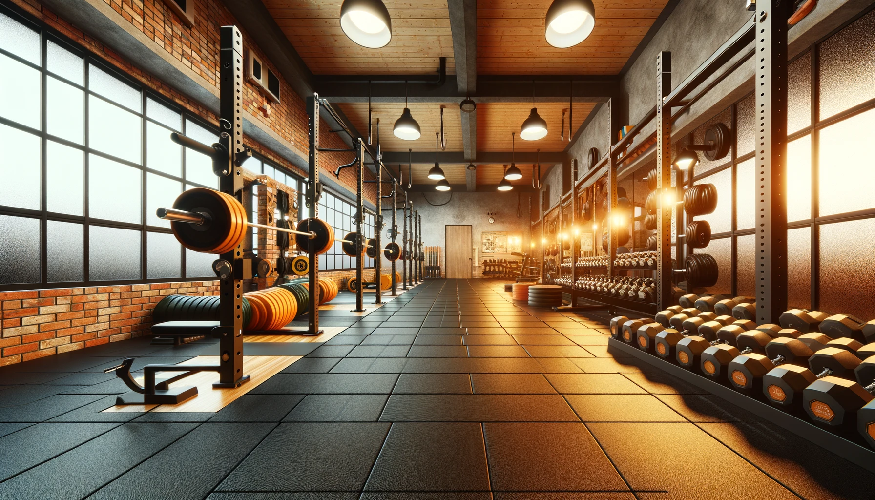 Modern gym interior with equipment and weights