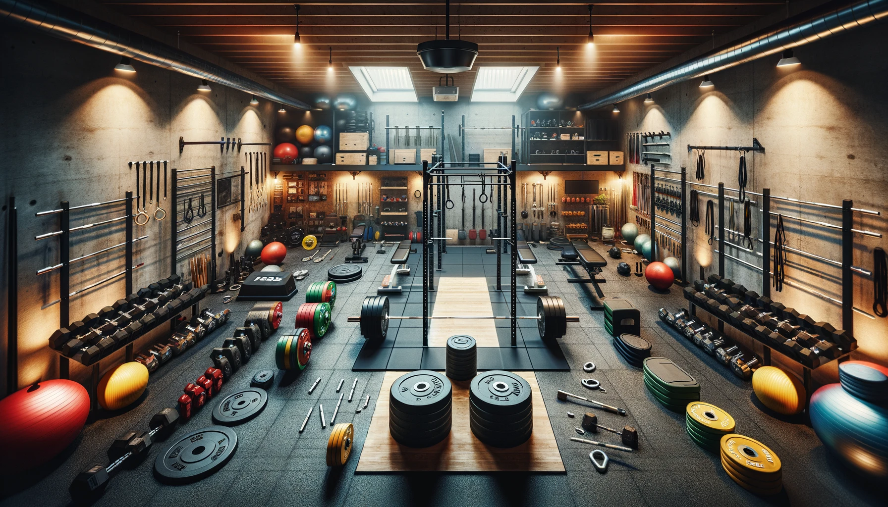 Well-equipped modern gym interior with weightlifting equipment