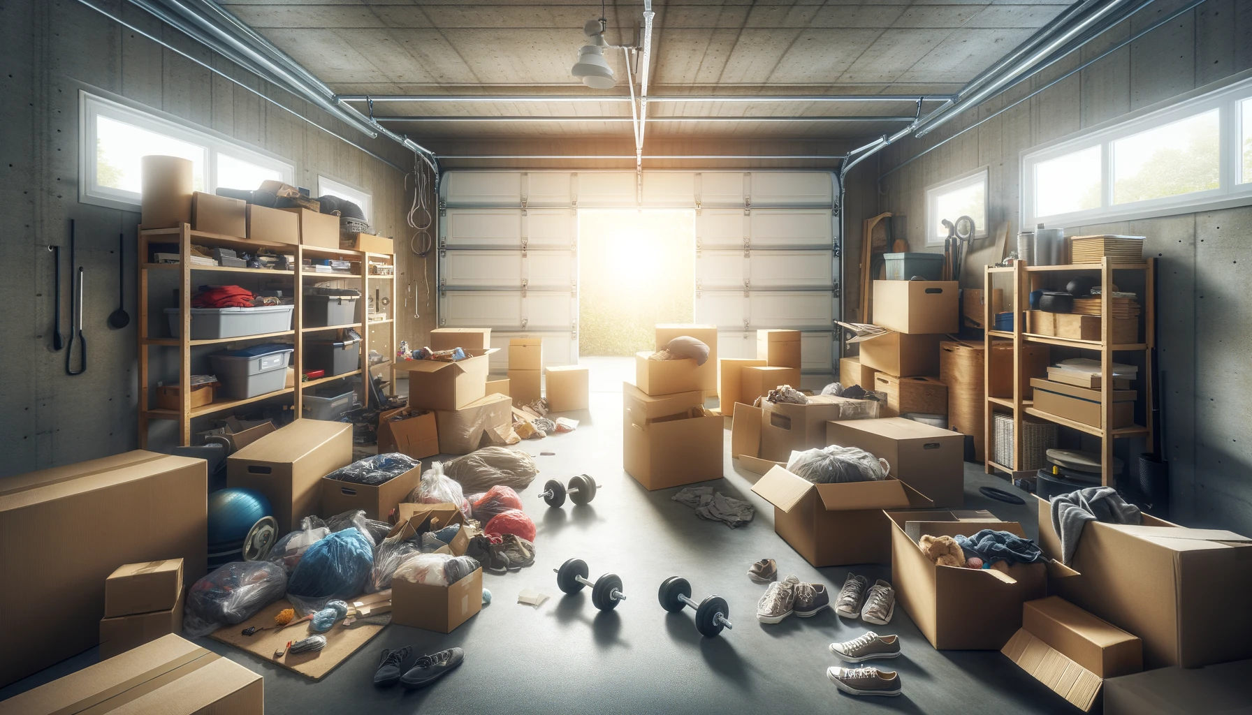 Cluttered garage with sunlight and scattered boxes.