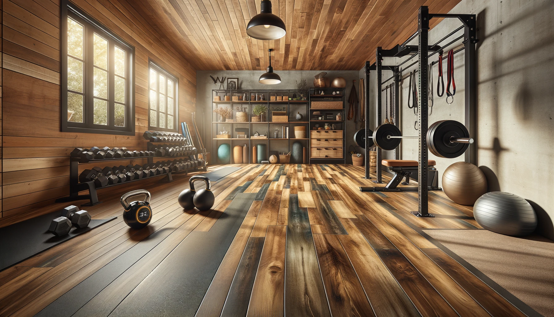 Rustic home gym with weights and wooden interior.