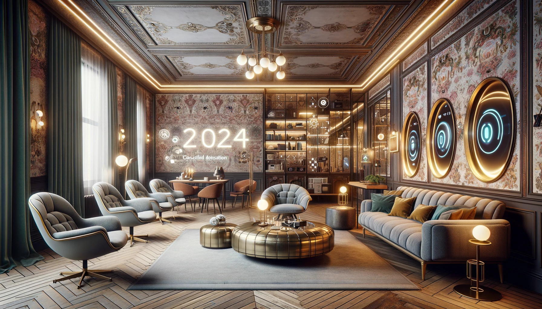 2024 lounge room - Elegant modern vintage interior with futuristic elements.