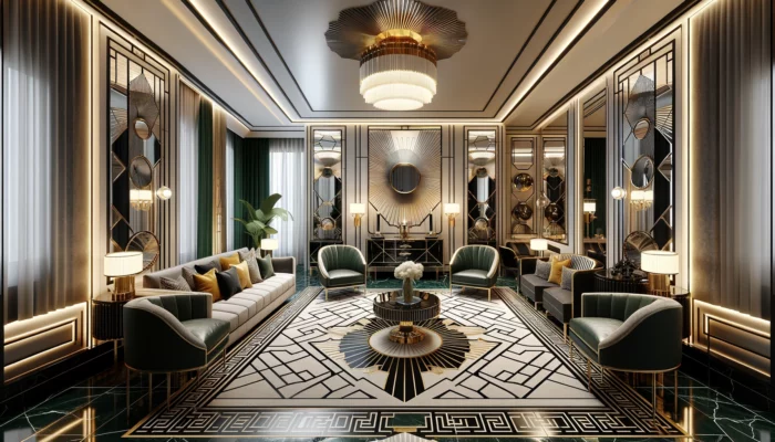 Luxurious Art Deco style interior lounge room design.
