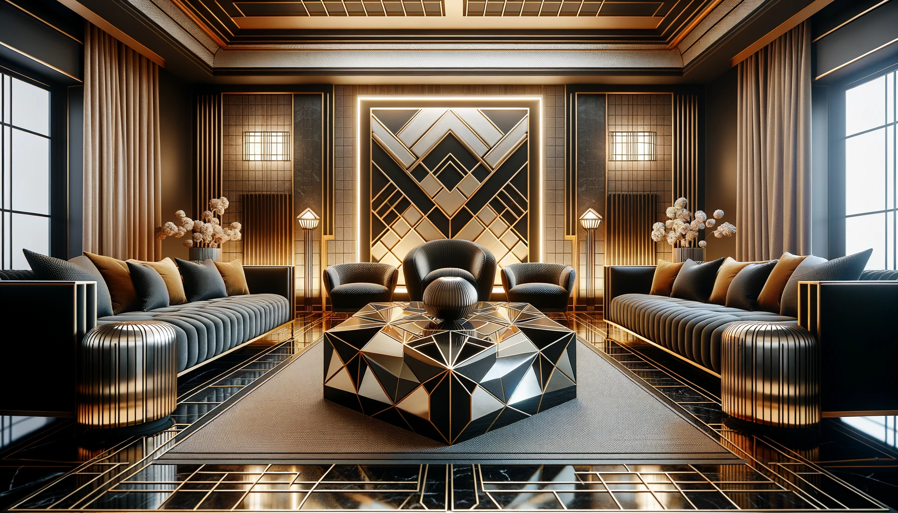 Luxurious art deco style hotel lobby interior.