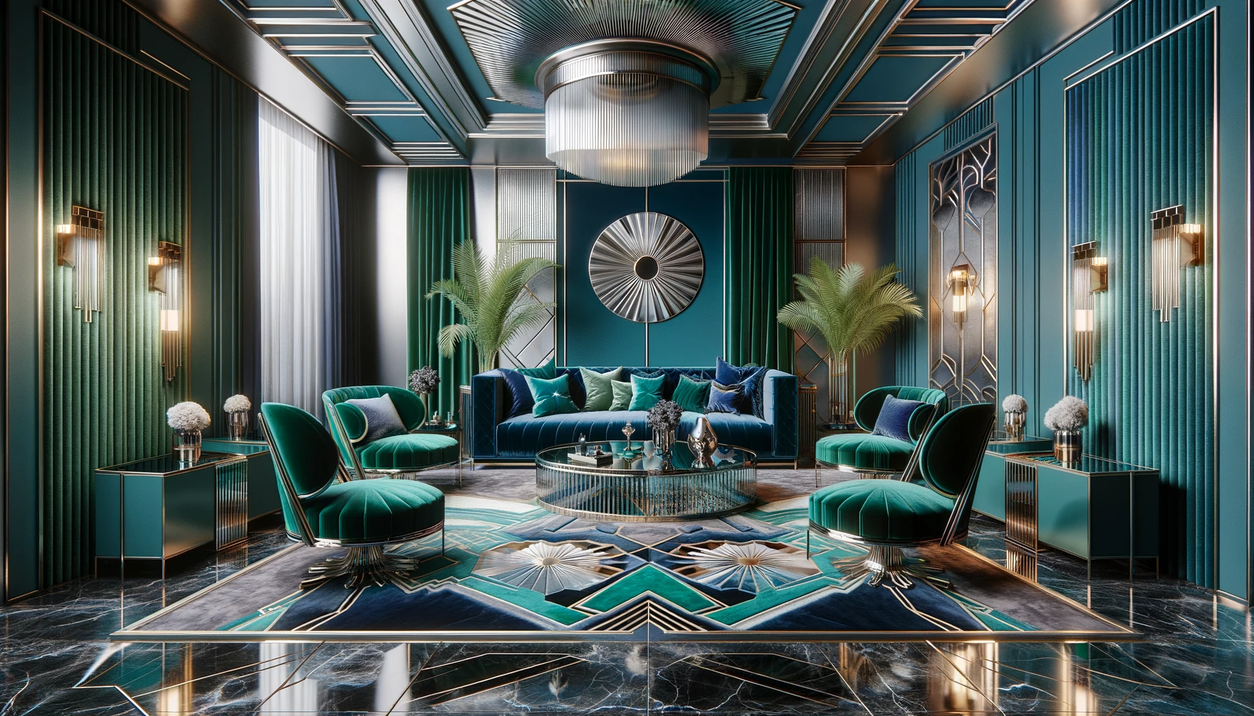 Luxurious art deco style lounge room interior design.