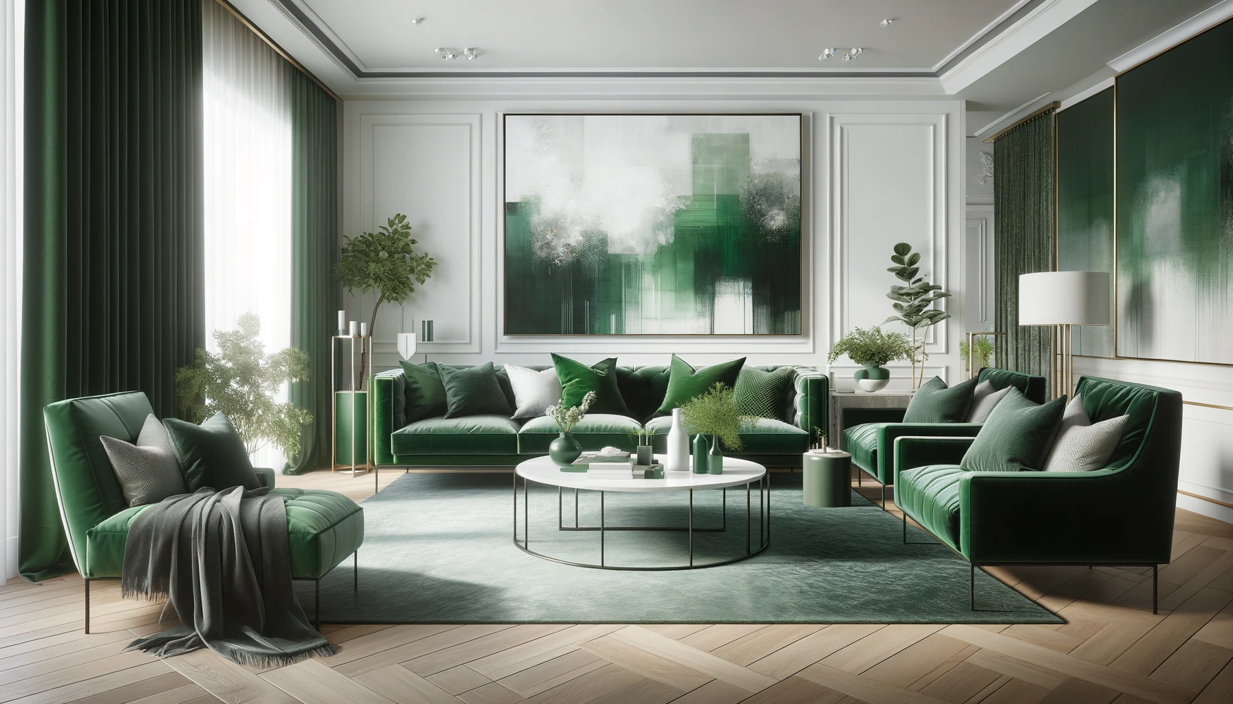 Elegant green lounge room interior with modern furniture.