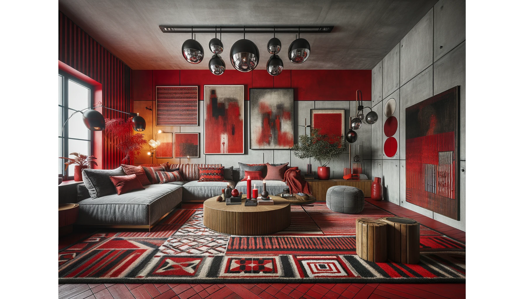 Modern red-themed lounge room interior design.