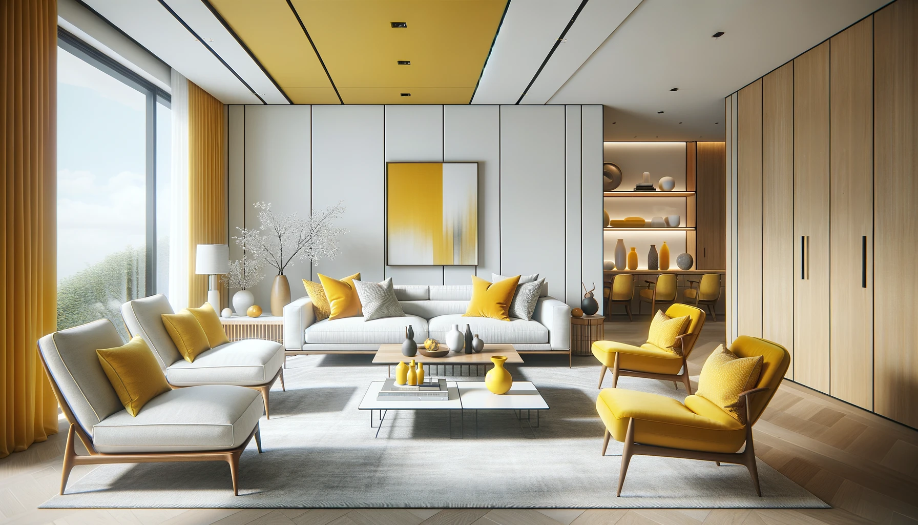 Modern lounge room interior with yellow accents and natural light.