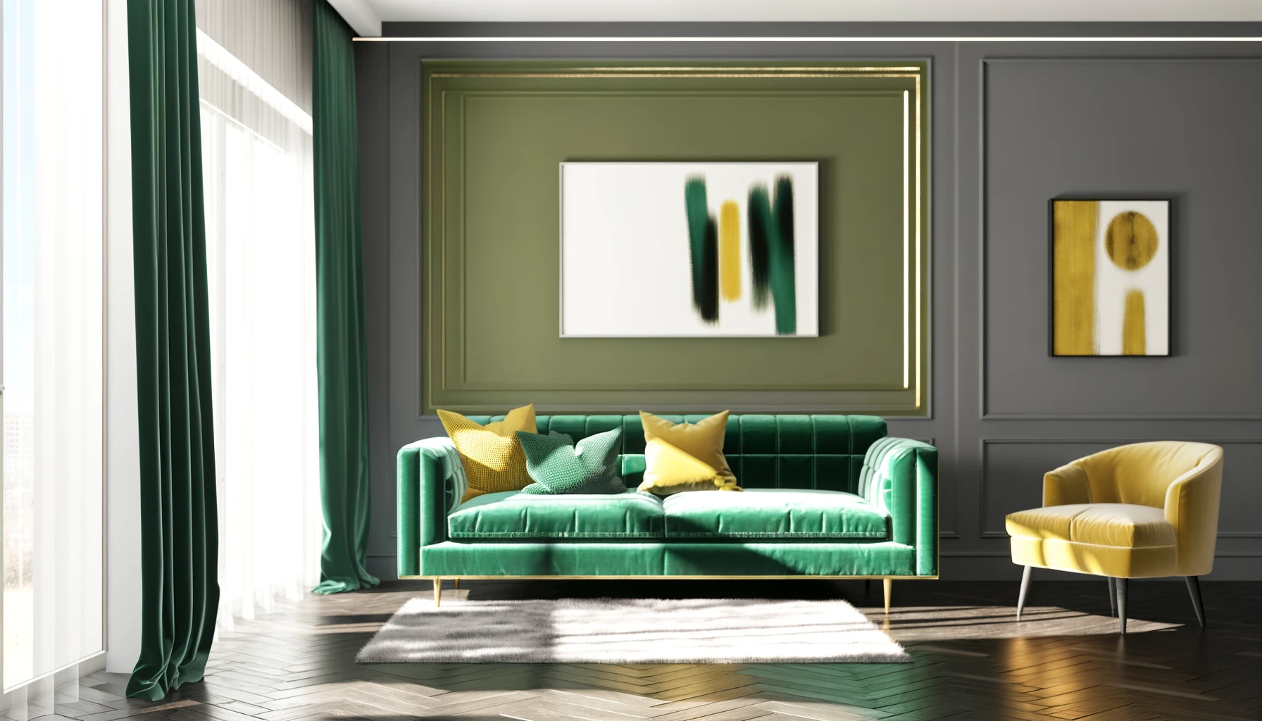 Modern lounge room with green velvet sofa and abstract art.