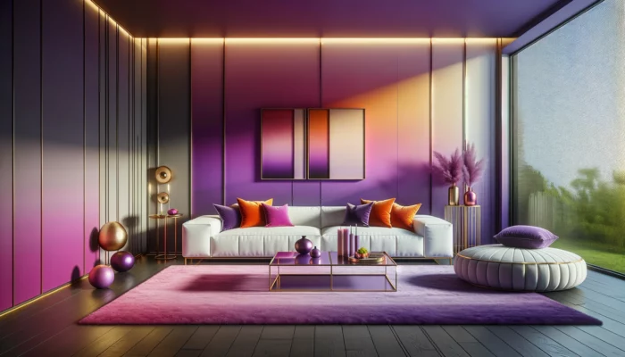 Modern purple-themed living room interior design.