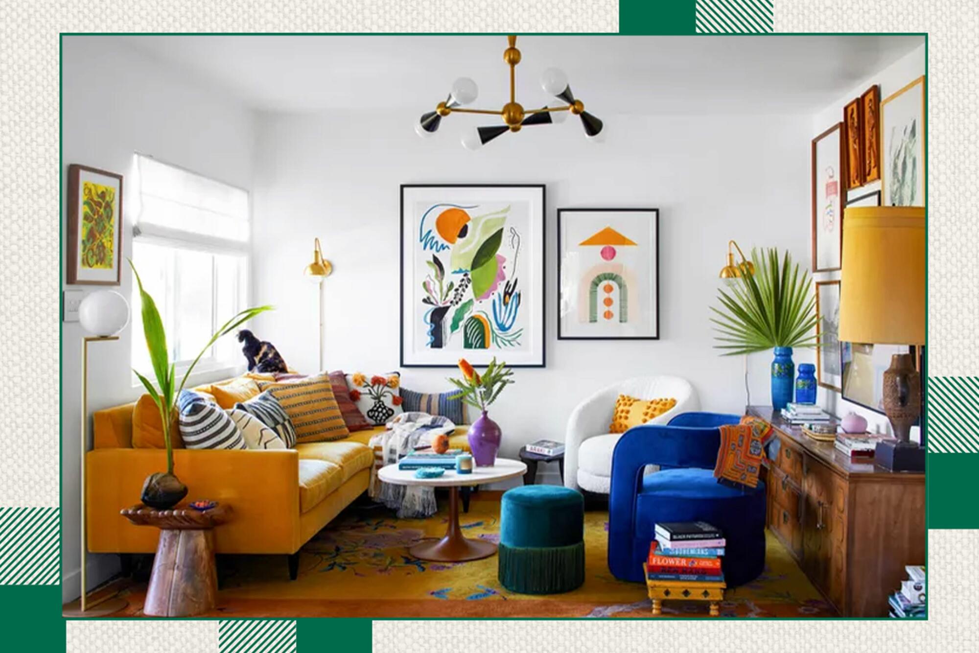 Colorful eclectic living room interior design.