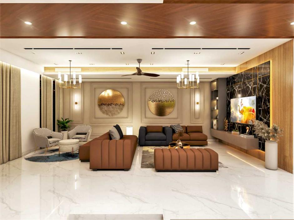 Elegant modern living room interior design with luxury finishes.