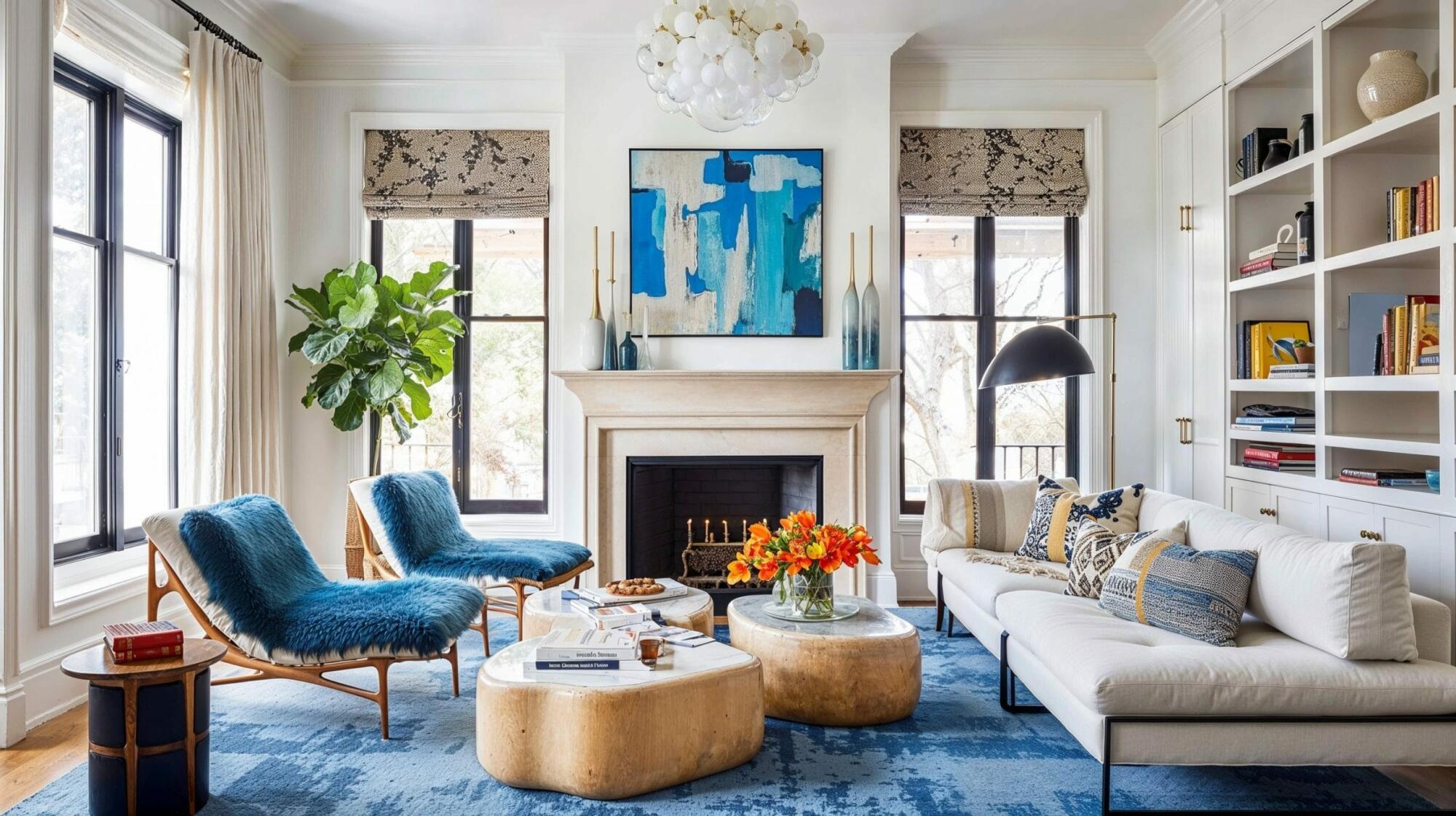 Stylish living room with blue accents and fireplace