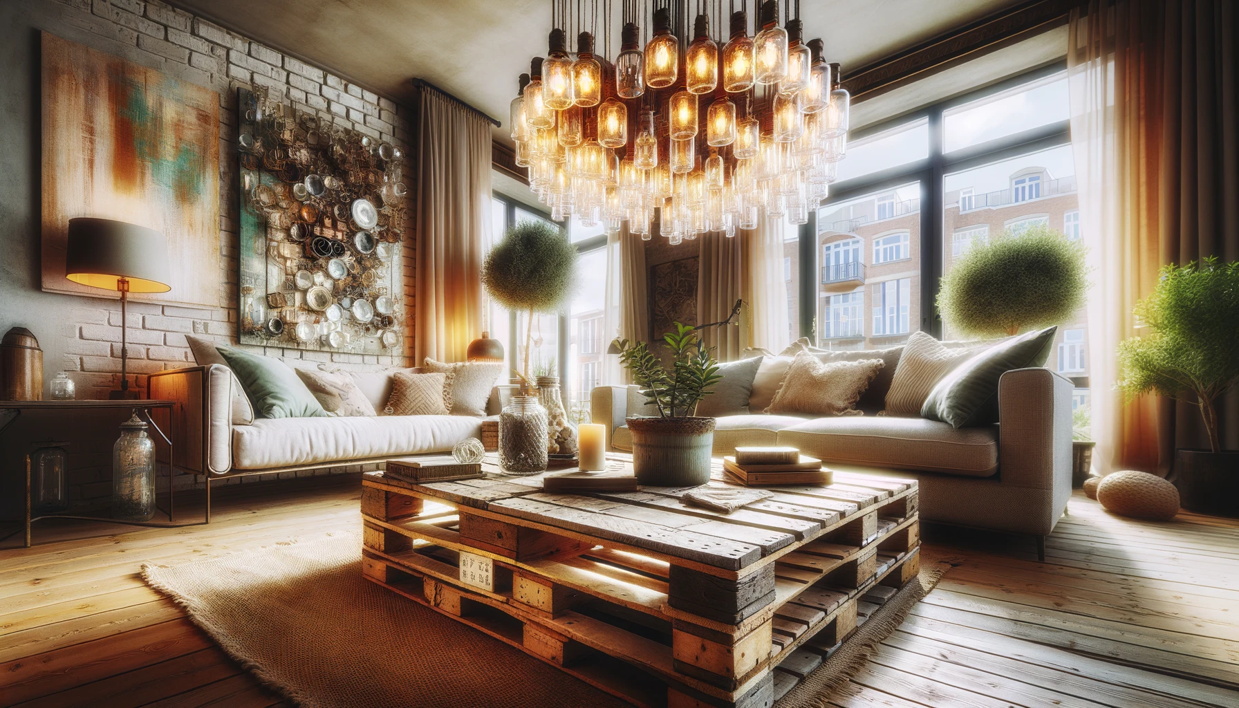 Chic cozy living room with vintage decor and large windows.