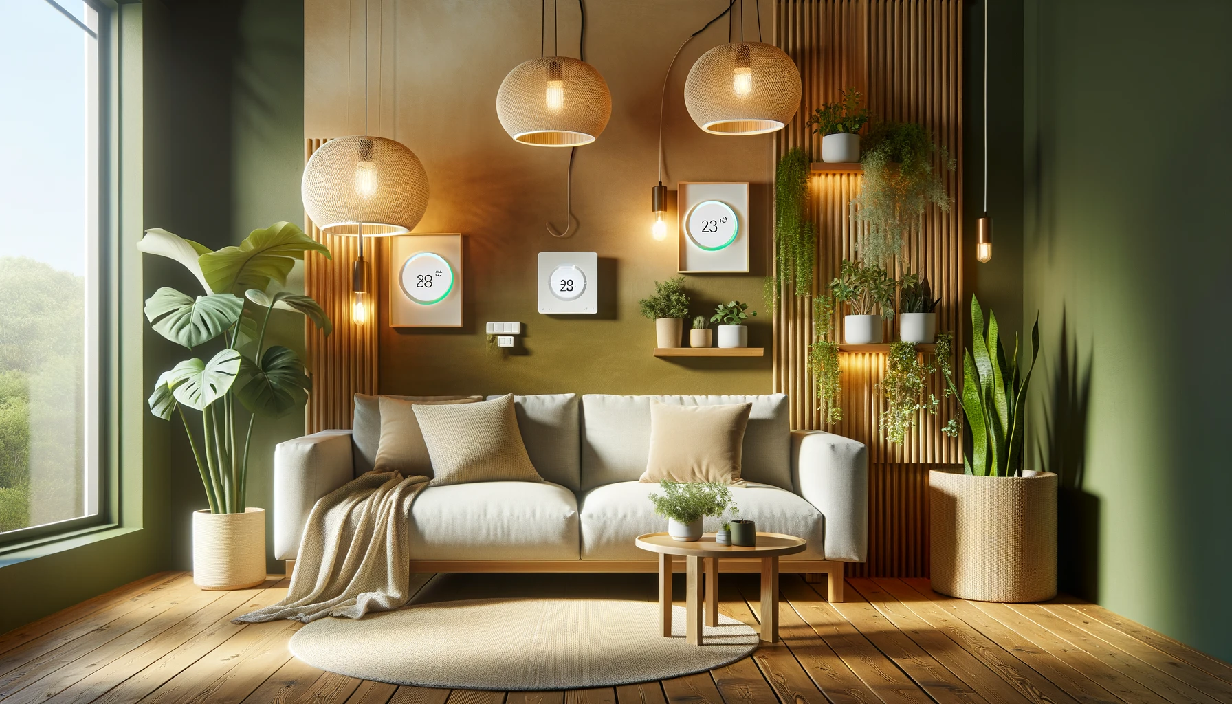 Modern eco-friendly living room with smart home devices.
