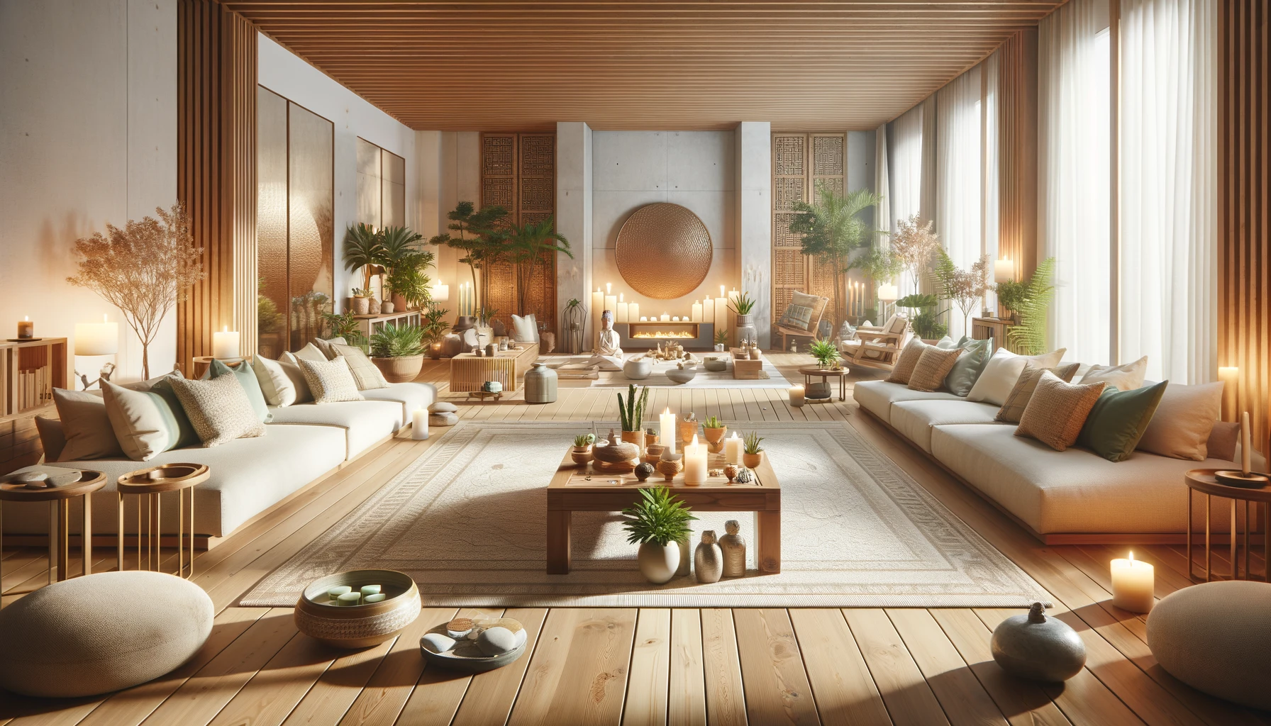 Cozy modern living room with natural decor and lighting.