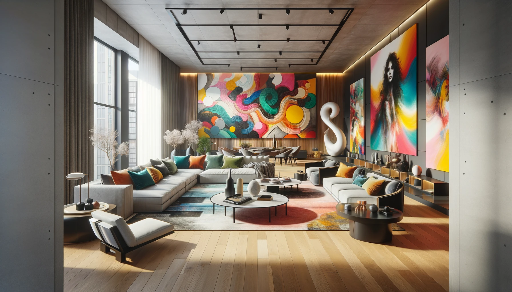 Modern colorful living room interior with artwork.