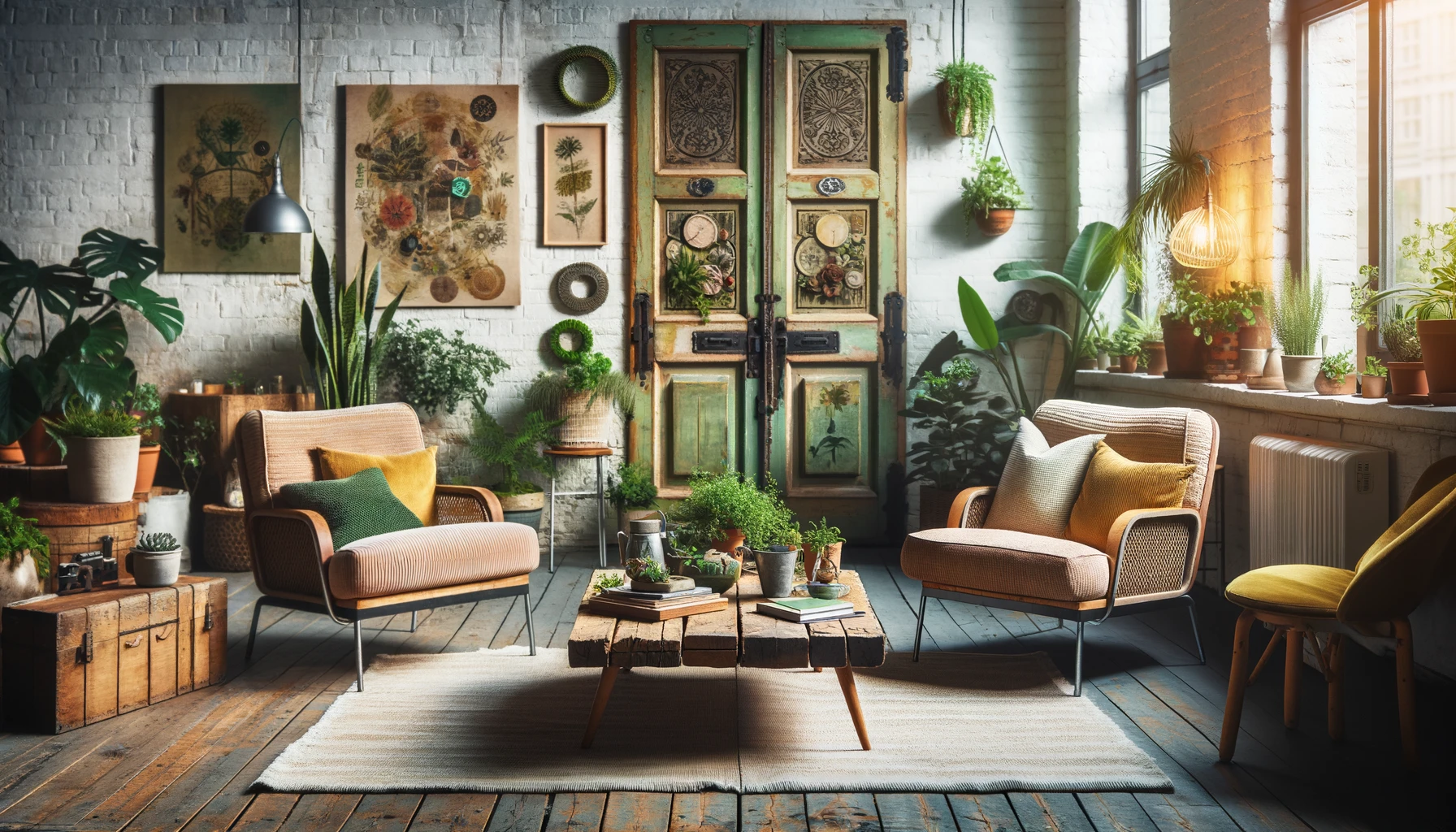 Cozy vintage living room with indoor plants and decor.