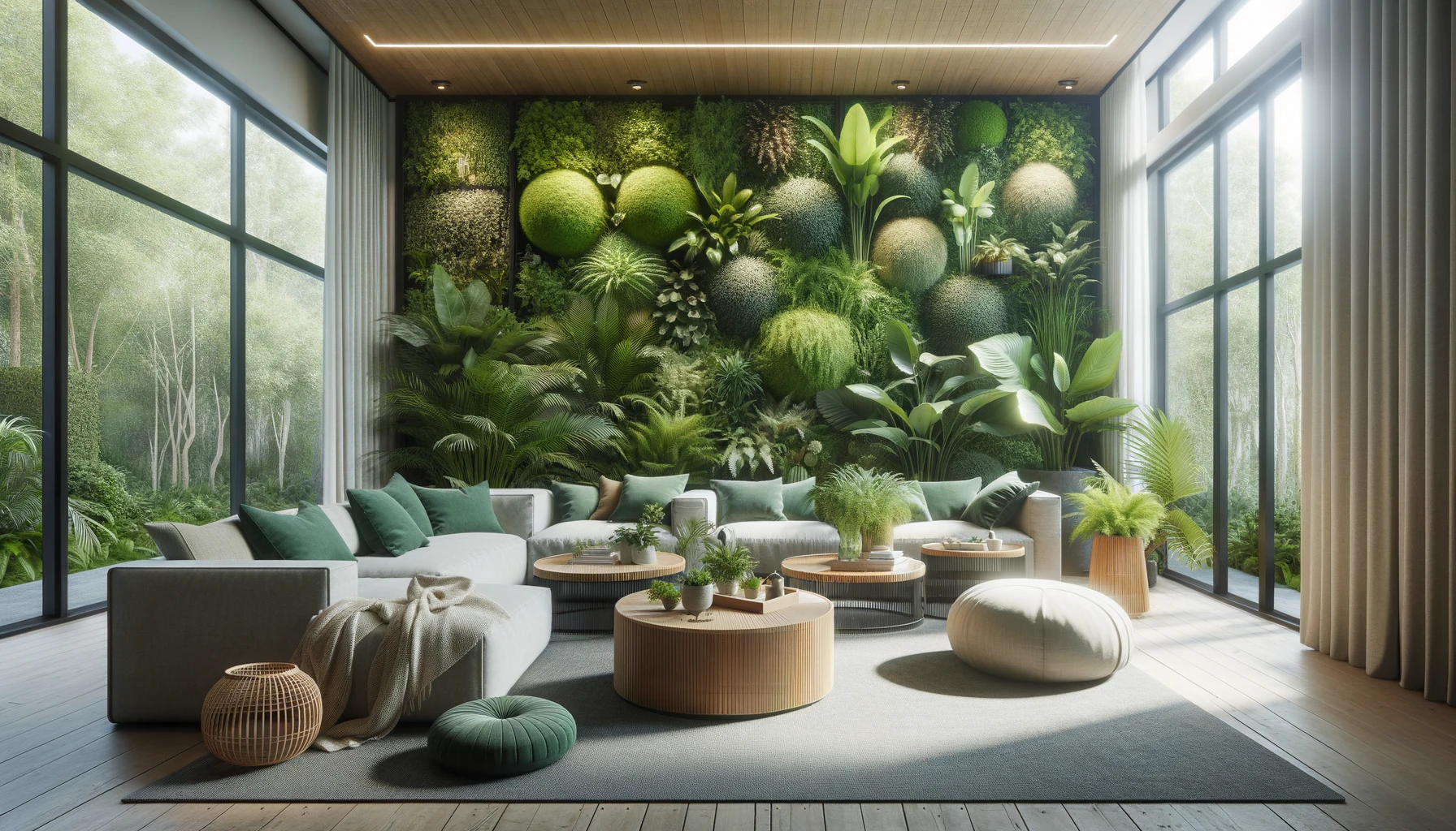 Modern lounge room with lush green wall and natural light.
