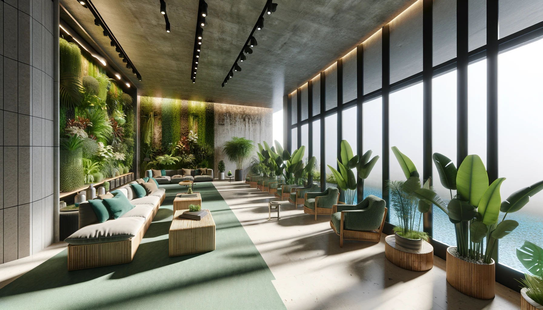 Modern indoor lounge with vertical garden and ocean view.