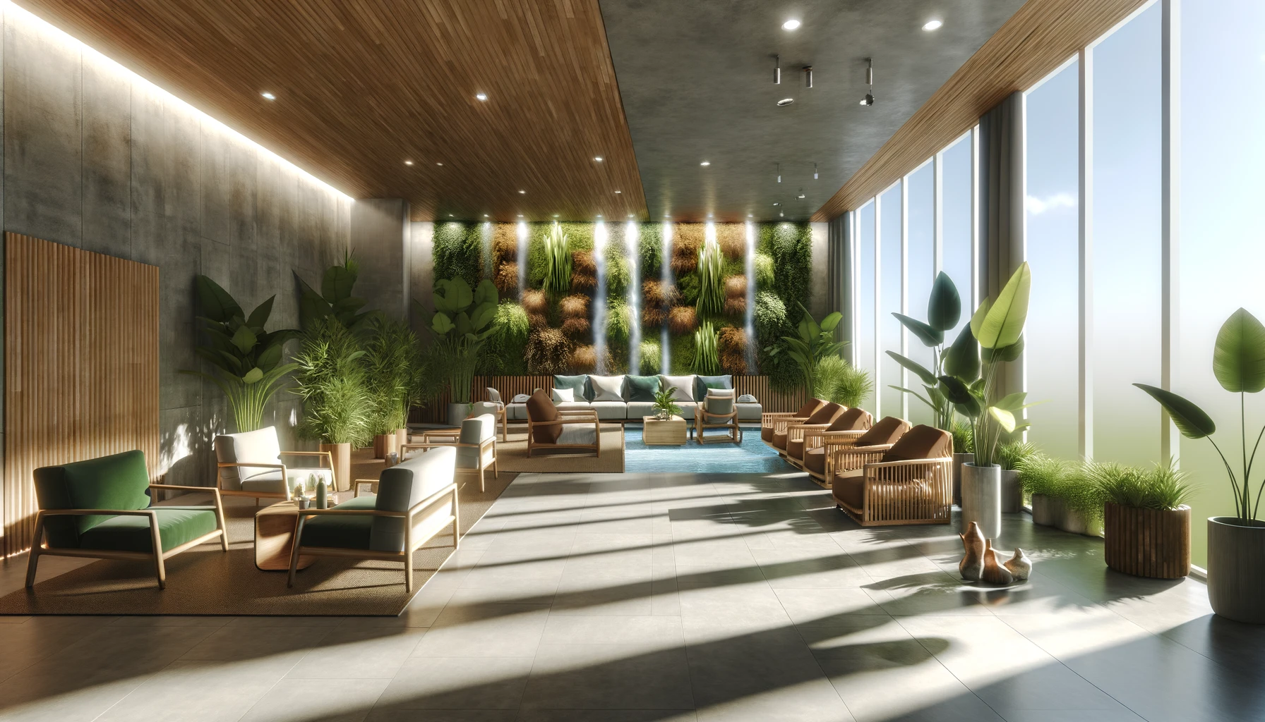 Modern indoor lounge with vertical gardens and natural light.