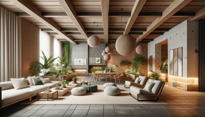 Modern living room with plants and wooden architecture.