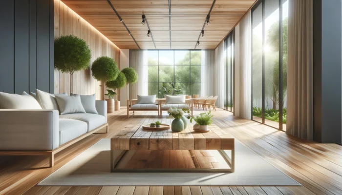 Modern spacious living room with natural light and greenery.