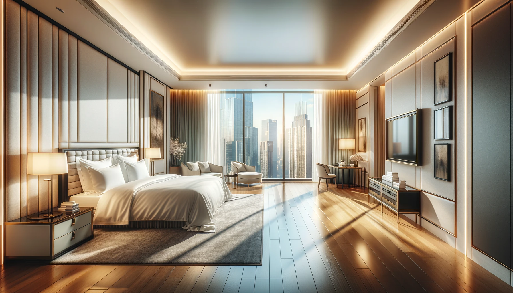 Luxurious bedroom with city skyline view at sunrise.