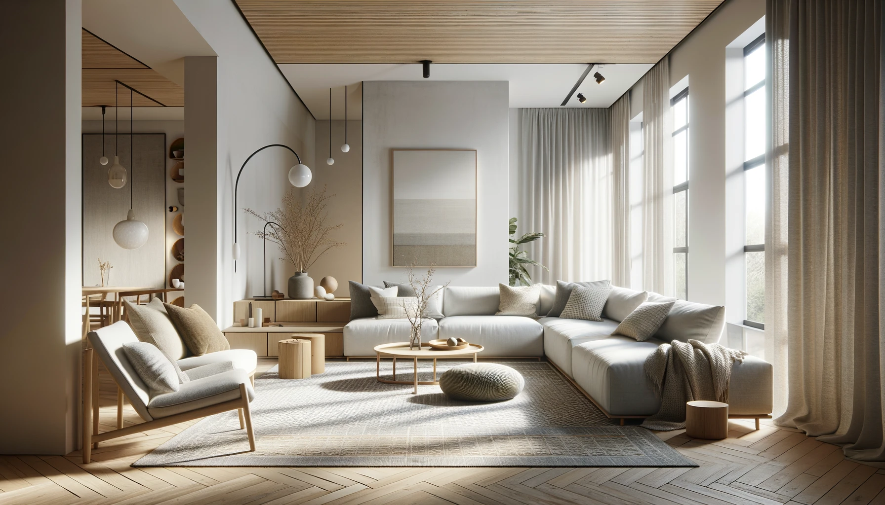 Modern sunlit lounge room with Scandinavian design furnishings.
