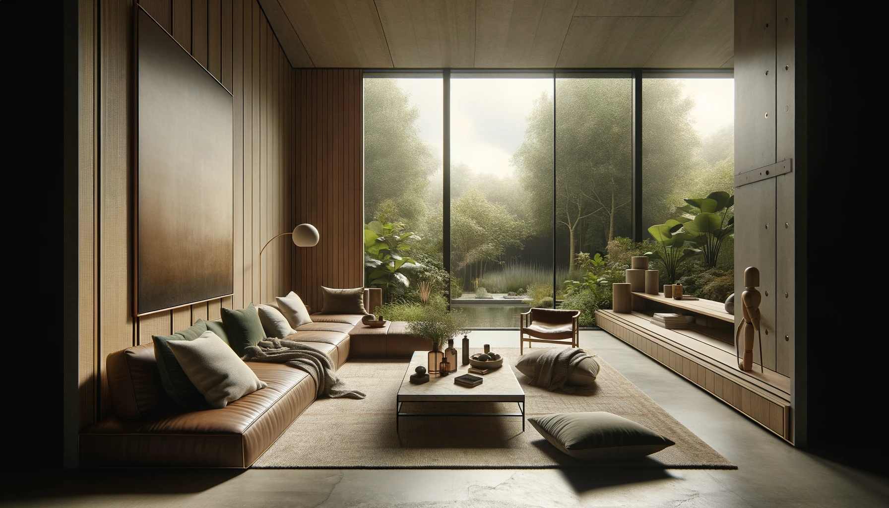 Modern lounge room with nature view through large window.