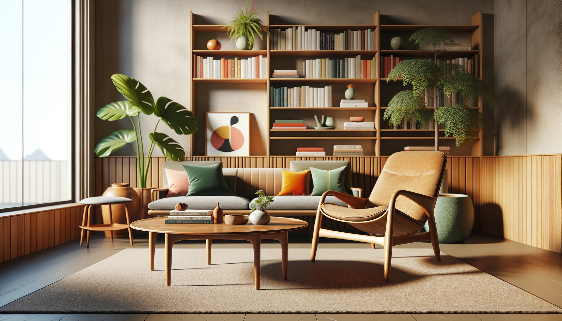 Cozy modern living room with bookshelves and plants.