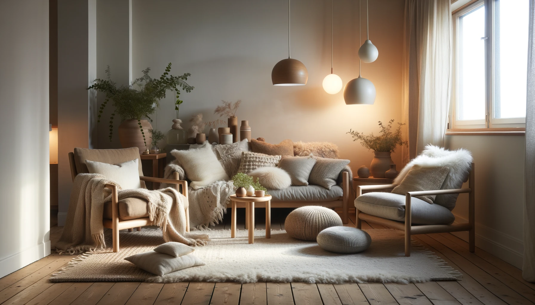 Cozy living room with modern Scandinavian interior design.