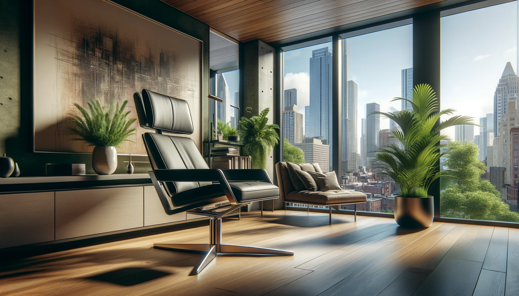 Modern living room with cityscape view and indoor plants