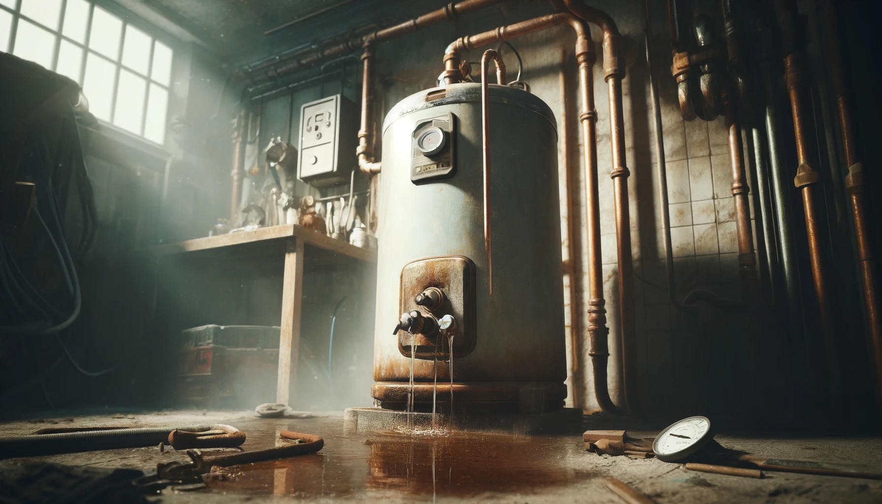 Vintage water heater in rustic workshop setting.