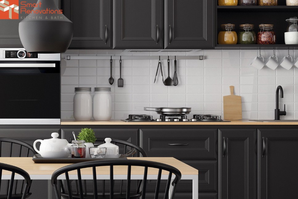 Modern black and white kitchen interior design.