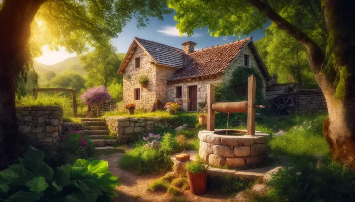 Idyllic countryside stone house with water well at sunset.