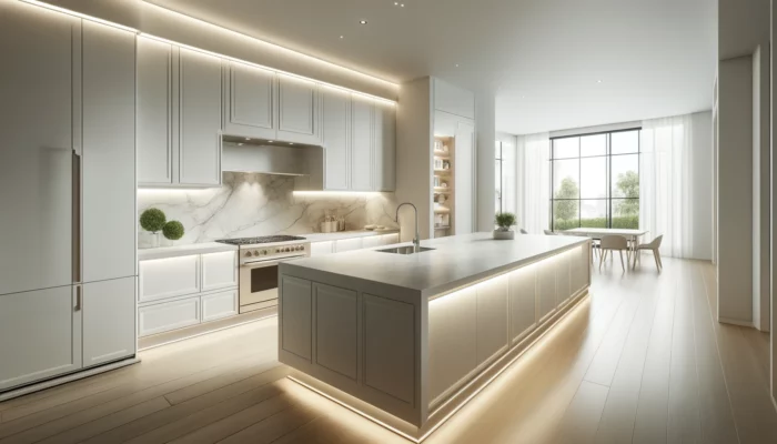 kitchen with light-coloured countertops, enhanced by strategic lighting