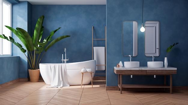 Luxurious Modern Bathroom interior design,white bathtub on grunge dark blue wall,3d render